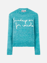 Woman crewneck soft crop sweater with Sundays are for Coccole embroidery