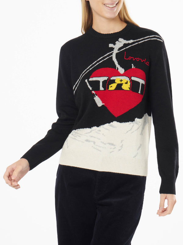 Woman crewneck black sweater with Lovovia embroidery