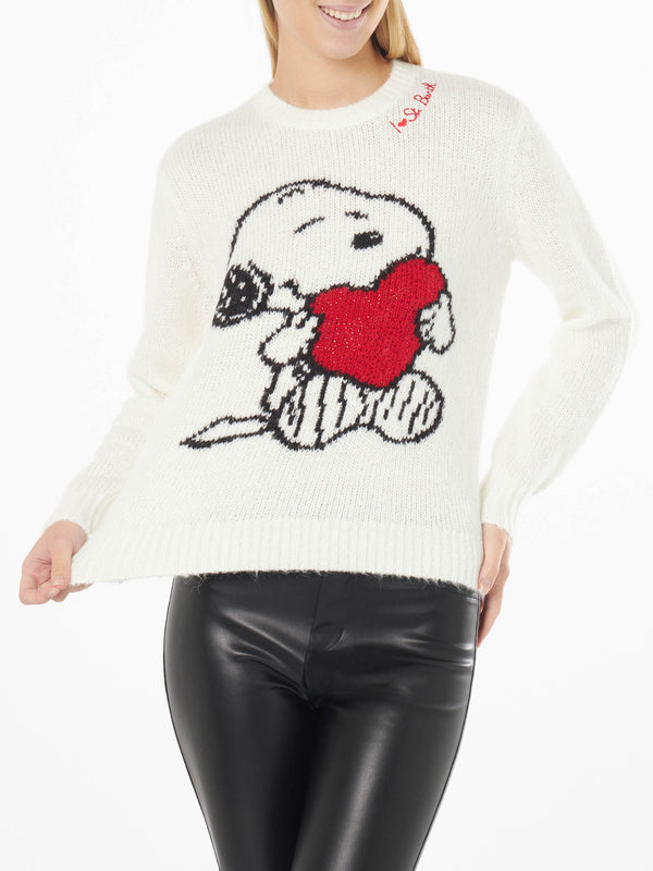 Woman crewneck black sweater with Snoopy and Woodstock print ad rhinestones heart | SNOOPY PEANUTS™ SPECIAL EDITION