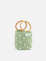 Water green Rattan Bucket bag with pearl embellishment