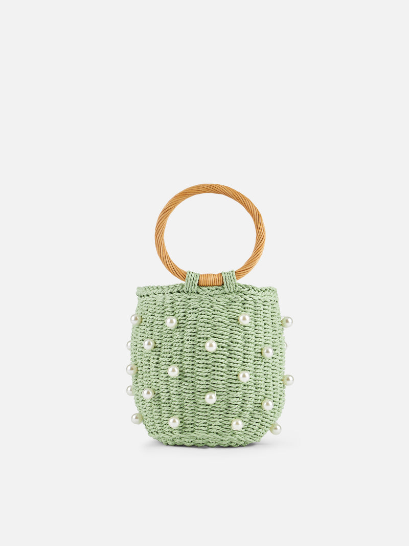 Water green Rattan Bucket bag with pearl embellishment