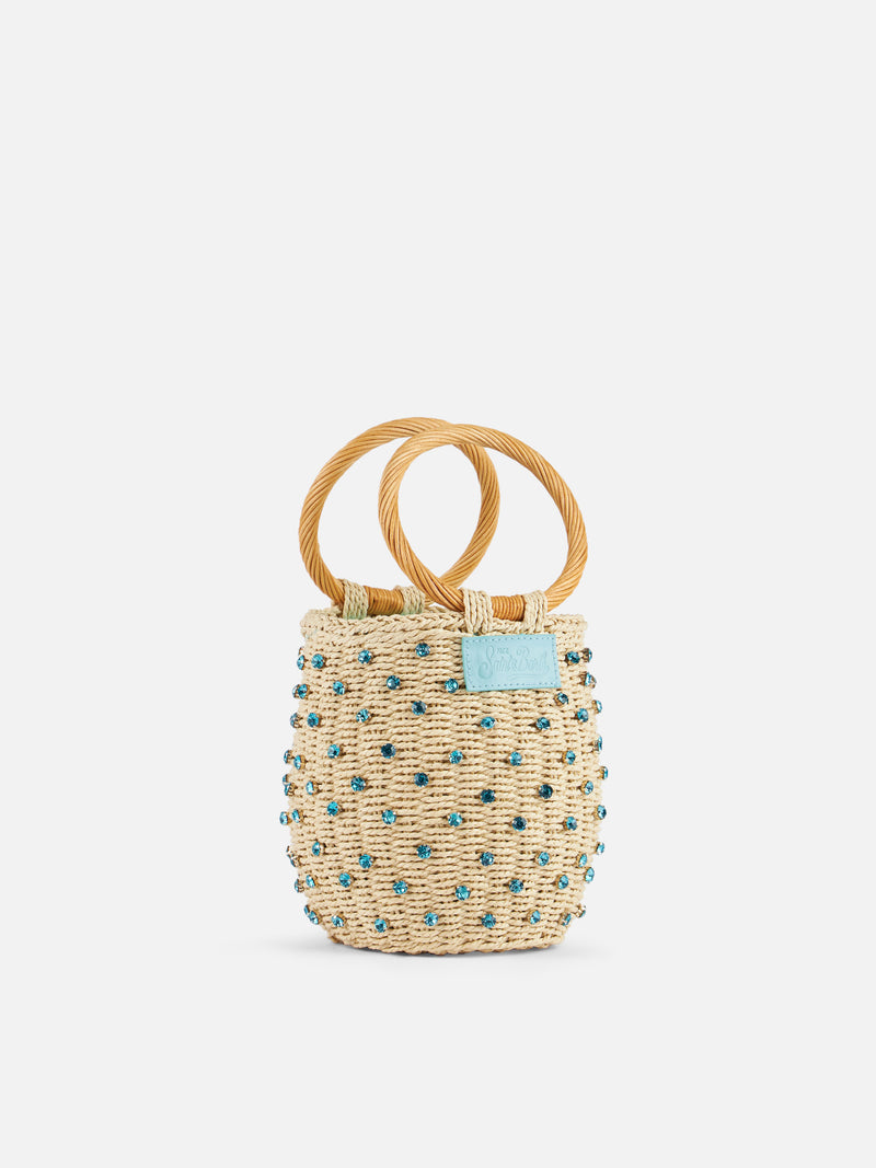 Beige Rattan Bucket bag with rhinestones embellishment