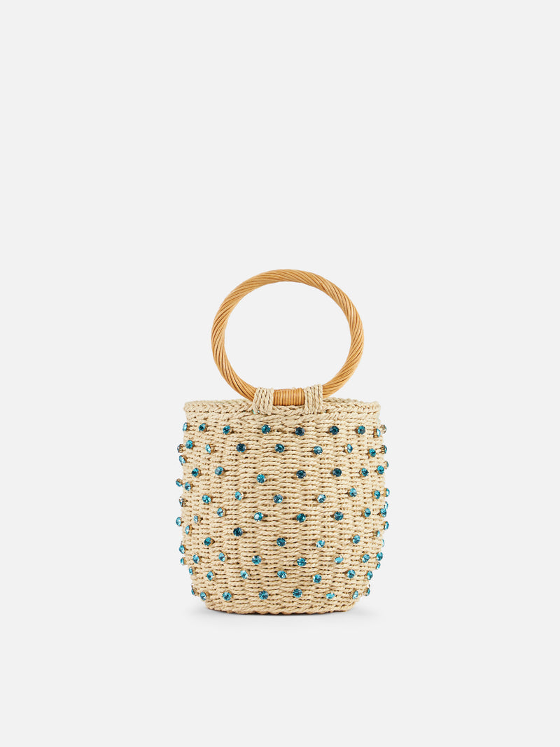 Beige Rattan Bucket bag with rhinestones embellishment