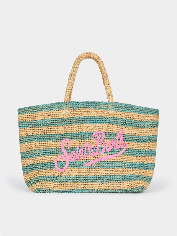 Turquoise striped Raffia Beach bag with cotton pouch
