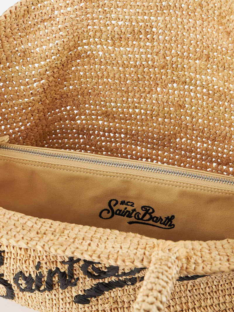 Beige striped Raffia Beach bag with cotton pouch