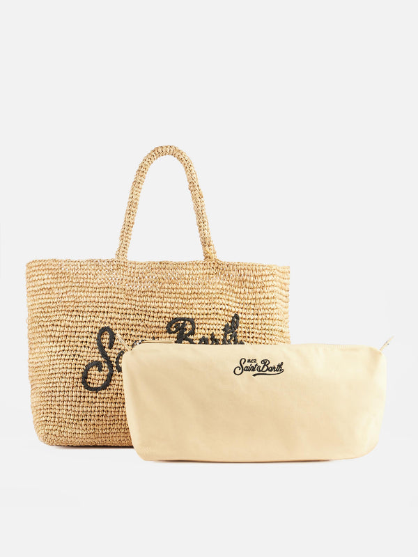 Beige striped Raffia Beach bag with cotton pouch