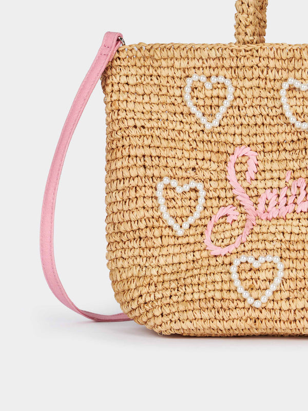 Embellished Raffia Beach midi bag with cotton pouch