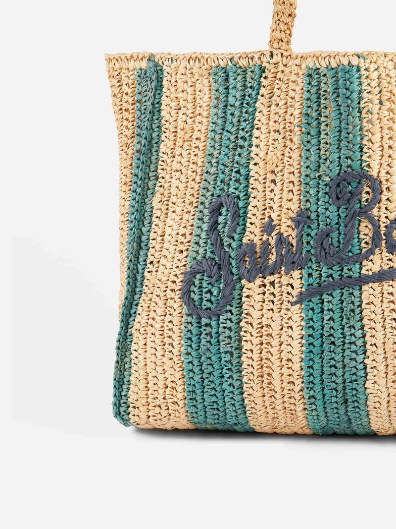 Hellblau gestreifte Raffia-Strandtasche mit Baumwollbeutel