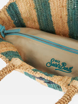 Light blue striped Raffia Beach bag with cotton pouch