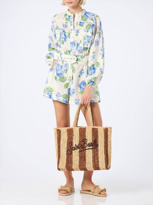 Braun gestreifte Raffia-Strandtasche mit Baumwollbeutel
