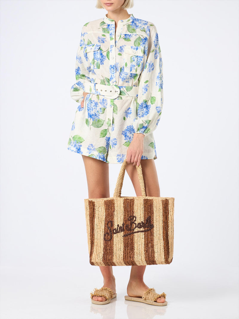 Brown striped Raffia Beach bag with cotton pouch
