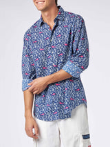 Man muslin cotton Sikelia shirt with fish and shark print