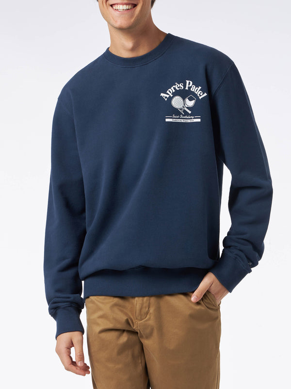 Blaues Herren-Sweatshirt mit Rundhalsausschnitt und Après Padel-Aufdruck