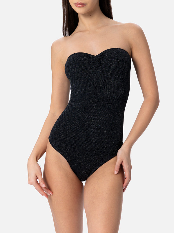 Woman black lurex strapless one piece swimsuit Soleil