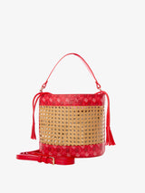 Straw bucket bag with red monogram details