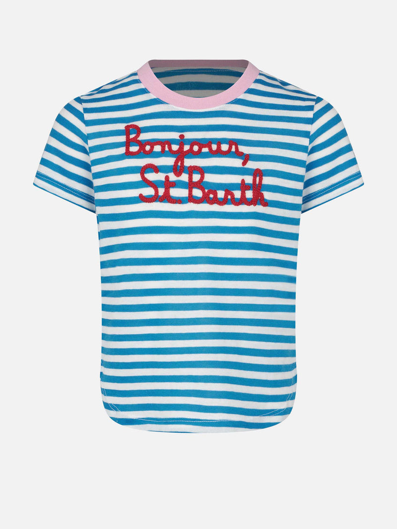 Gestreiftes Mädchen-T-Shirt mit Bonjour St. Barth-Stickerei