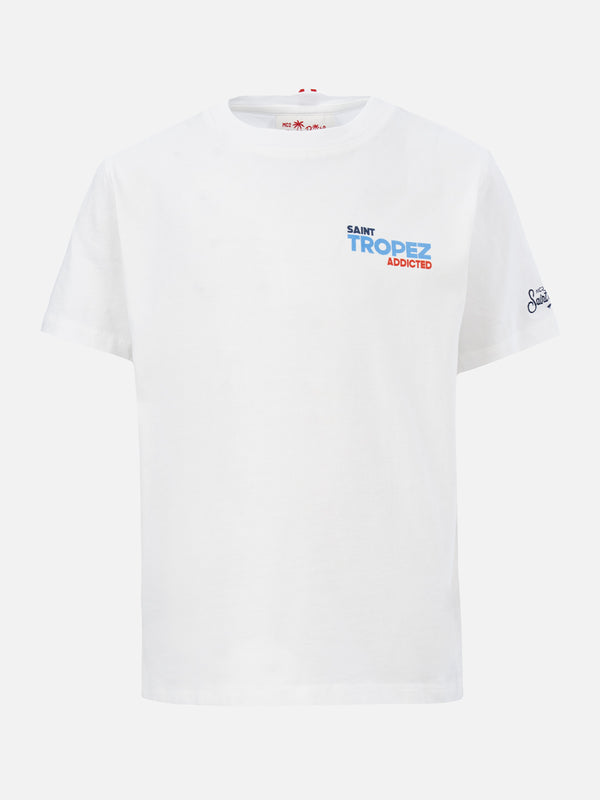 T-shirt da ragazzo in cotone con stampa di cartoline Saint Tropez addicted