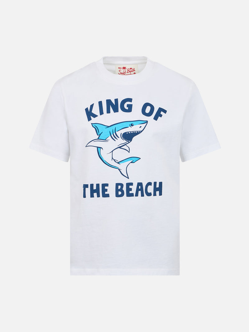 T-shirt da bambino in cotone con stampa dello squalo King of the Beach