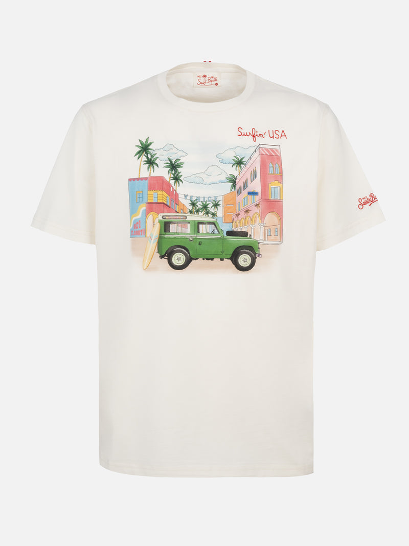 Man cotton t-shirt with placed print and Surfin'USA embroidery