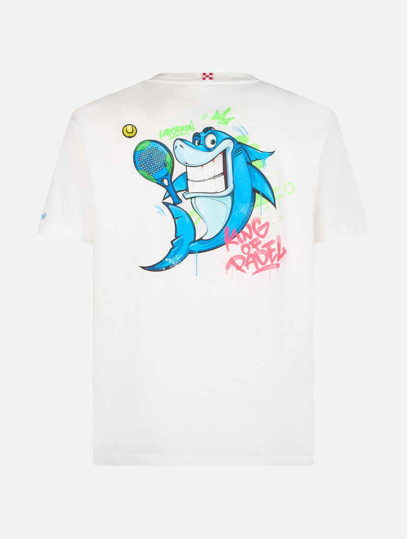 Man cotton t-shirt with Crypto puppets Shark Padel front and back placed print | CRYPTO PUPPETS SPECIAL EDITION