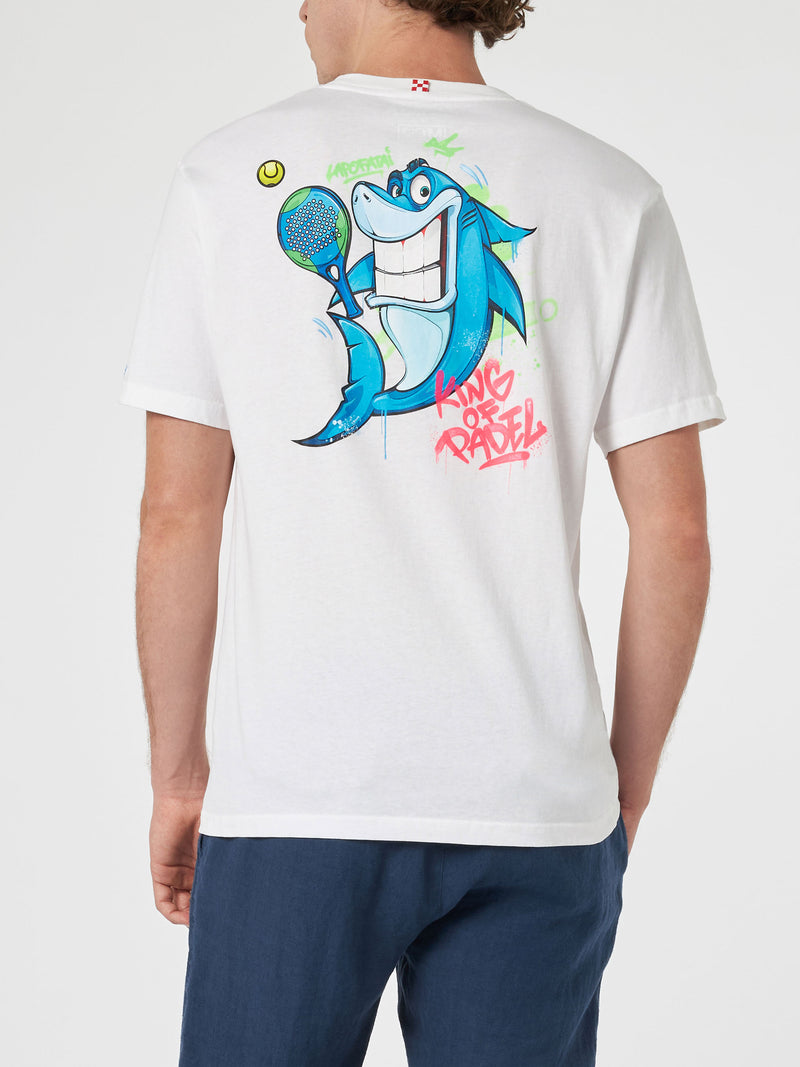 Man cotton t-shirt with Crypto puppets Shark Padel front and back placed print | CRYPTO PUPPETS SPECIAL EDITION