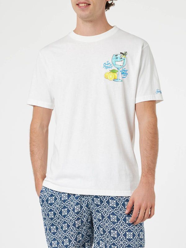 Herren-Baumwoll-T-Shirt mit platziertem Aufdruck „Cryptopuppets Gin Tonic“ auf Vorder- und Rückseite | CRYPTOPUPPET-SONDERAUSGABE