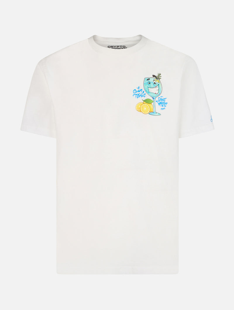 T-shirt da uomo in cotone con stampa piazzata Cryptopuppets Gin Tonic davanti e dietro | EDIZIONE SPECIALE CRYPTOPUPPETS
