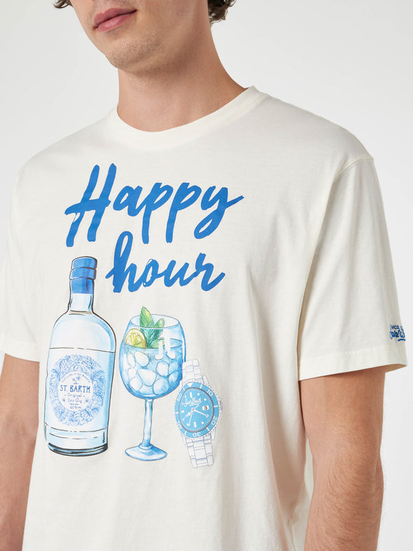 Herren-T-Shirt aus Baumwolle mit platziertem Happy Hour-Aufdruck