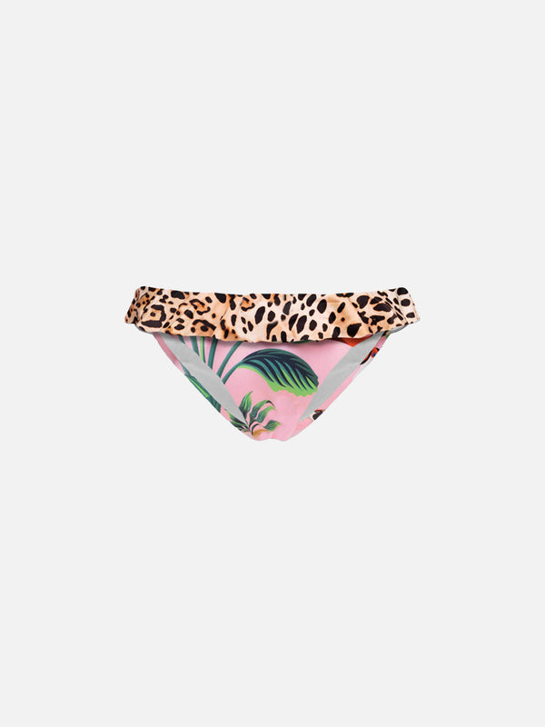 Baby beach briefs with leopard print flounce and tropical pattern