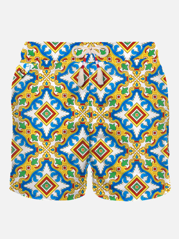 Man light fabric swim shorts with maiolica print