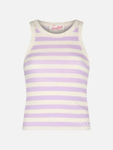 Woman rib-knit lilac and off-white striped cotton tank top