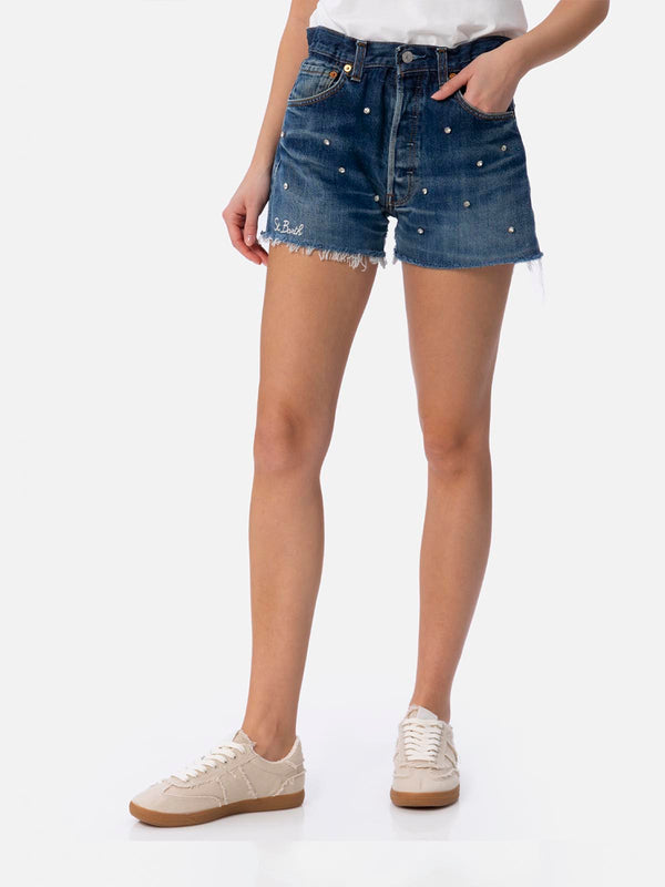 Woman upcycled denim shorts with rhinestones