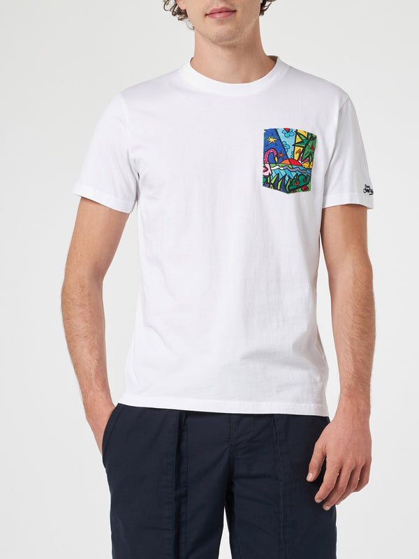 Man cotton t-shirt Blanche with Britto printed pocket | ©BRITTO SPECIAL EDITION
