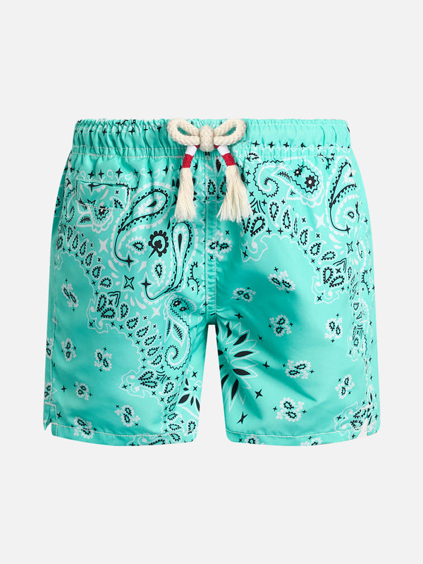 Boy mid-length swim-shorts Caprese Jr with water green bandanna print