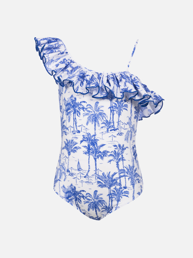 Girl ruffled one piece Carin swimsuit with toile de jouy print