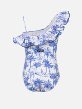 Girl ruffled one piece Carin swimsuit with toile de jouy print