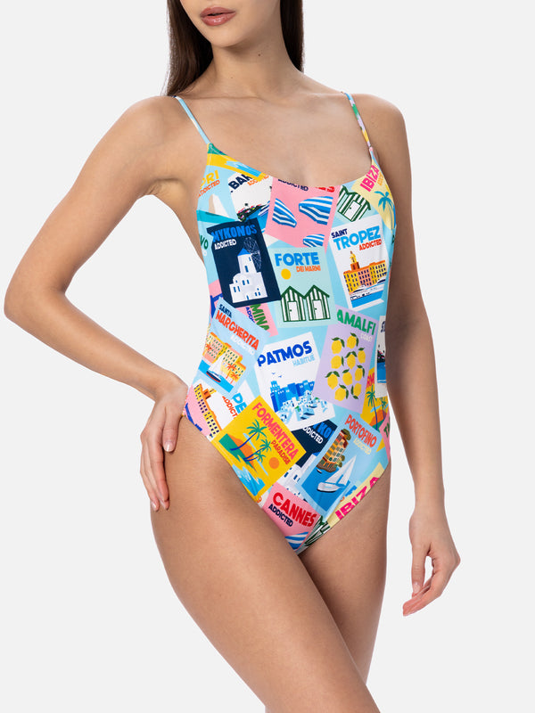 Woman one-piece swimsuit Cecille with postcards print