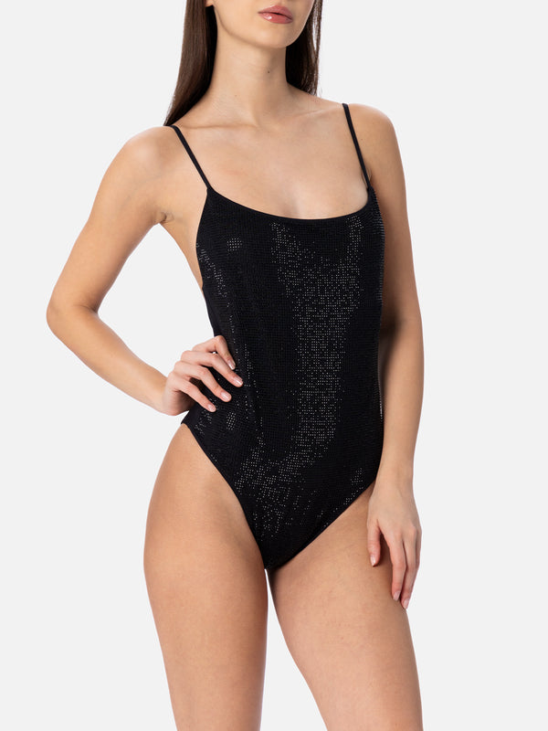 Woman black one-piece swimsuit Cecille with rhinestones