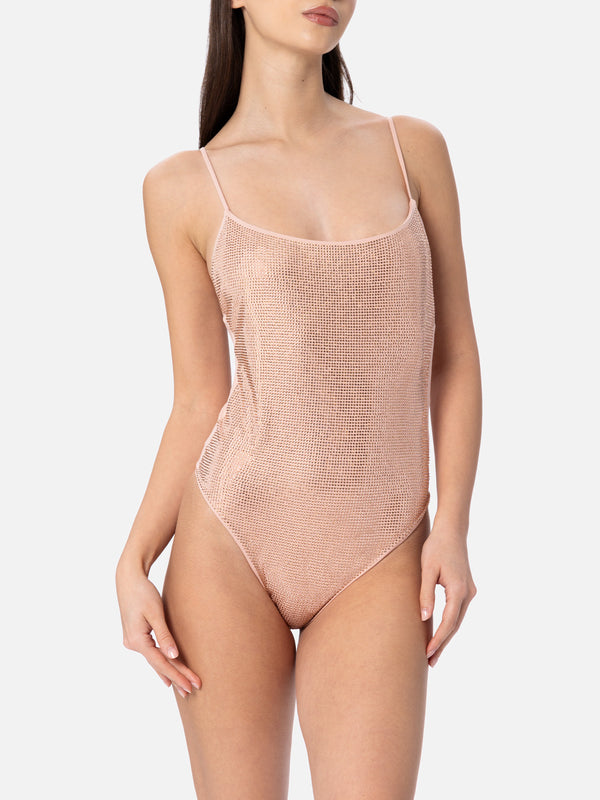 Woman pale one-piece swimsuit Cecille with rhinestones