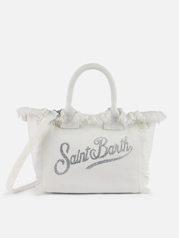 Colette-Handtasche aus weißem Baumwollcanvas mit Strasssteinen