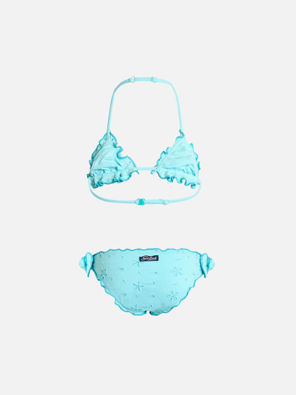 Wassergrüner klassischer Triangel-Bikini Cris für Mädchen mit Sangallo-Stickerei
