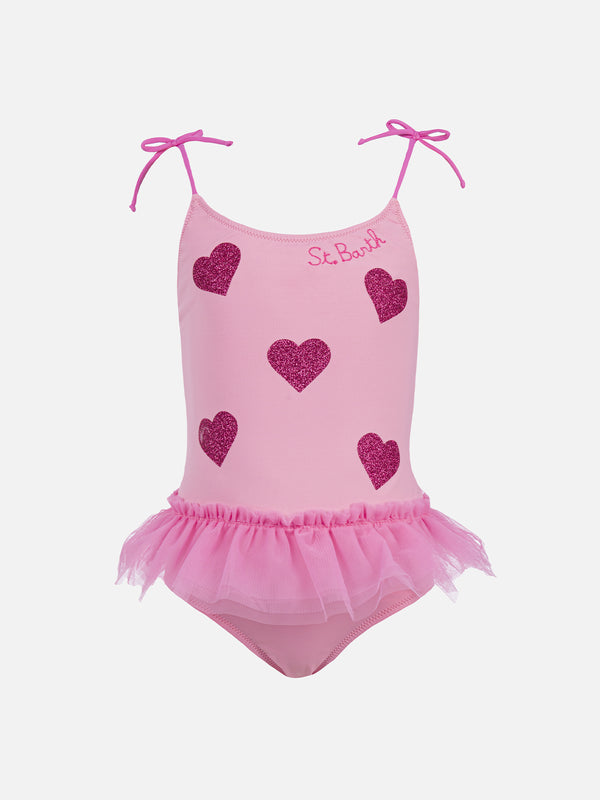 Girl one piece swimsuit with tulle ruffle and glittered hearts