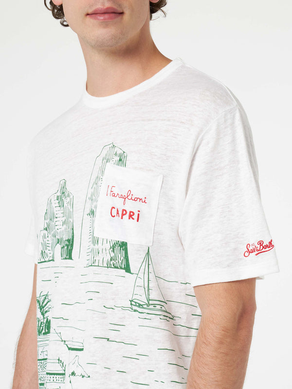 Herren-T-Shirt aus Leinenjersey Ecstasea mit platziertem Capri-Aufdruck und gestickter Tasche