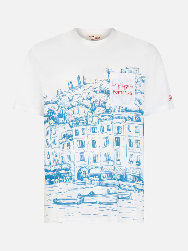 Herren-T-Shirt aus Leinenjersey Ecstasea mit platziertem Portofino-Aufdruck und gestickter Tasche