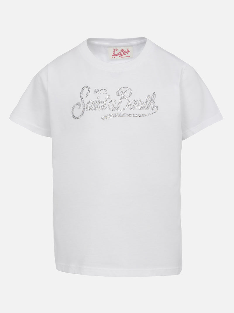 T-shirt girocollo da bambina Elly in jersey di cotone con ricamo di strass Saint Barth