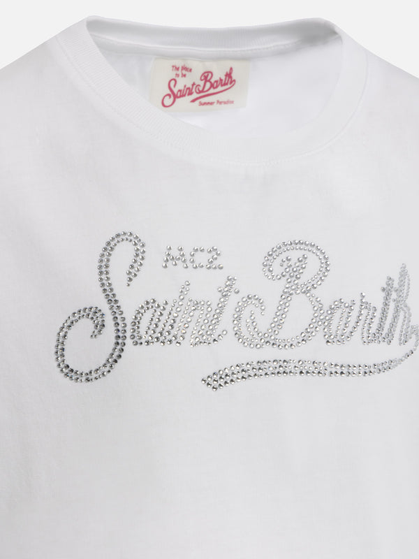 Girl cotton jersey crewneck t-shirt Elly with Saint Barth rhinestone embroidery