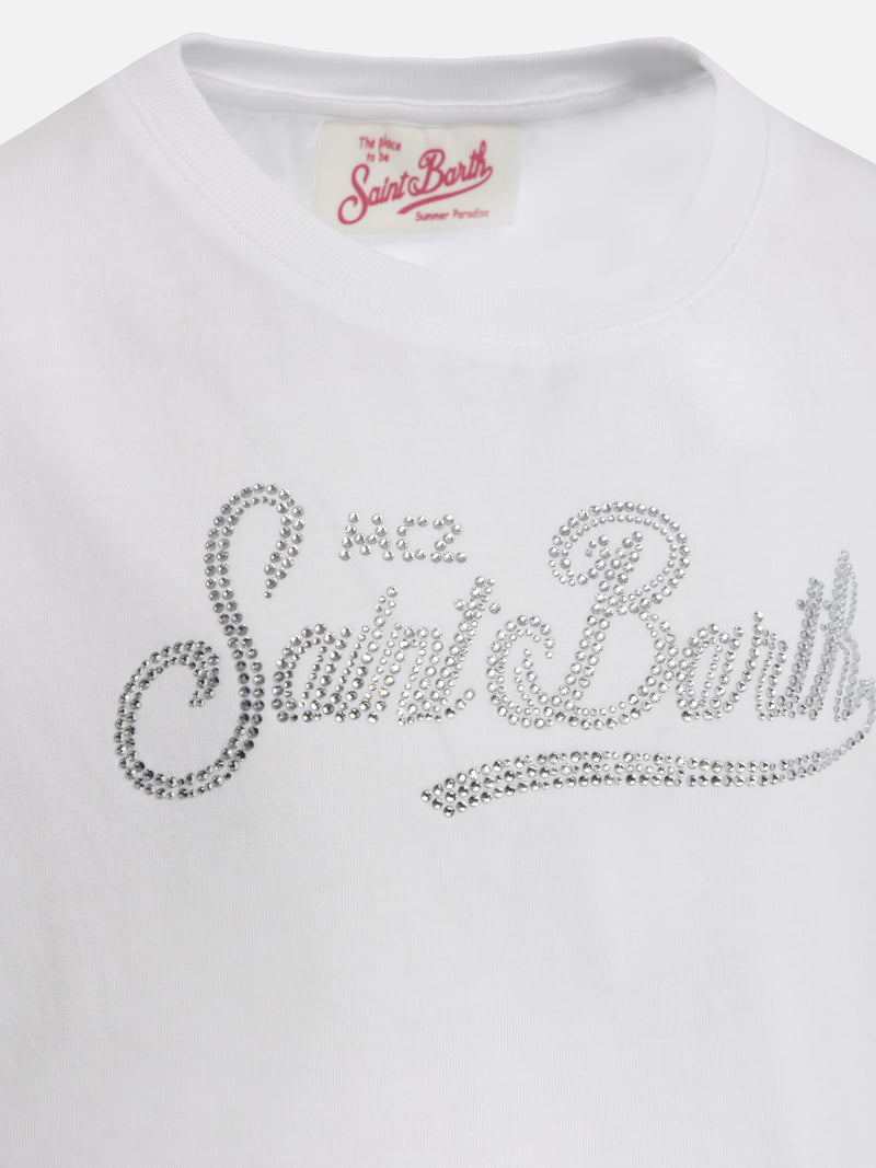 T-shirt girocollo da bambina Elly in jersey di cotone con ricamo di strass Saint Barth