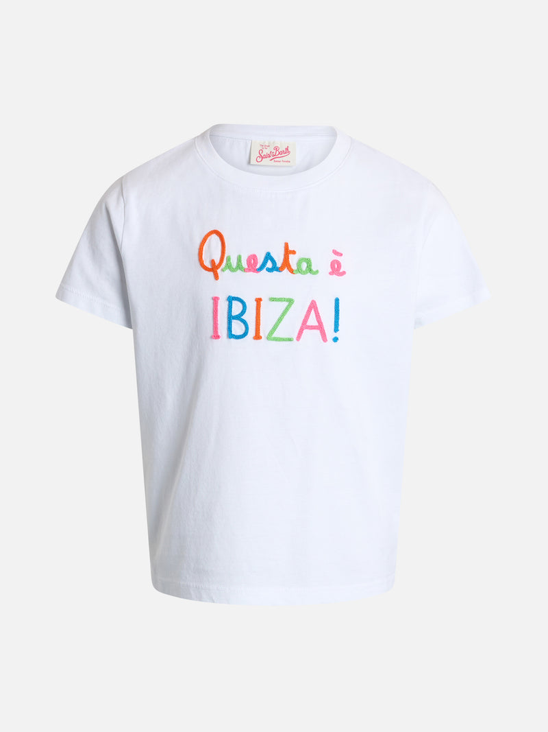 Girl cotton jersey crewneck t-shirt Elly with Questa è Ibiza embroidery