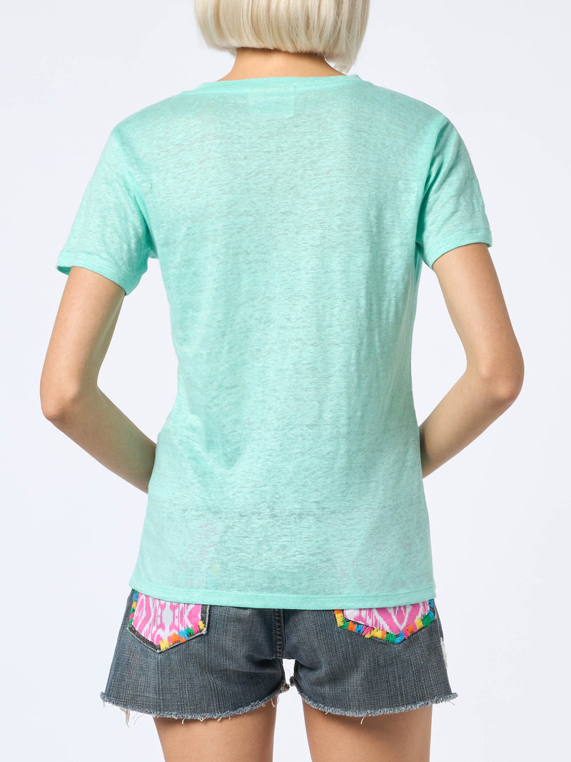 Salbeigrünes T-Shirt mit V-Ausschnitt Eloise aus Leinenjersey