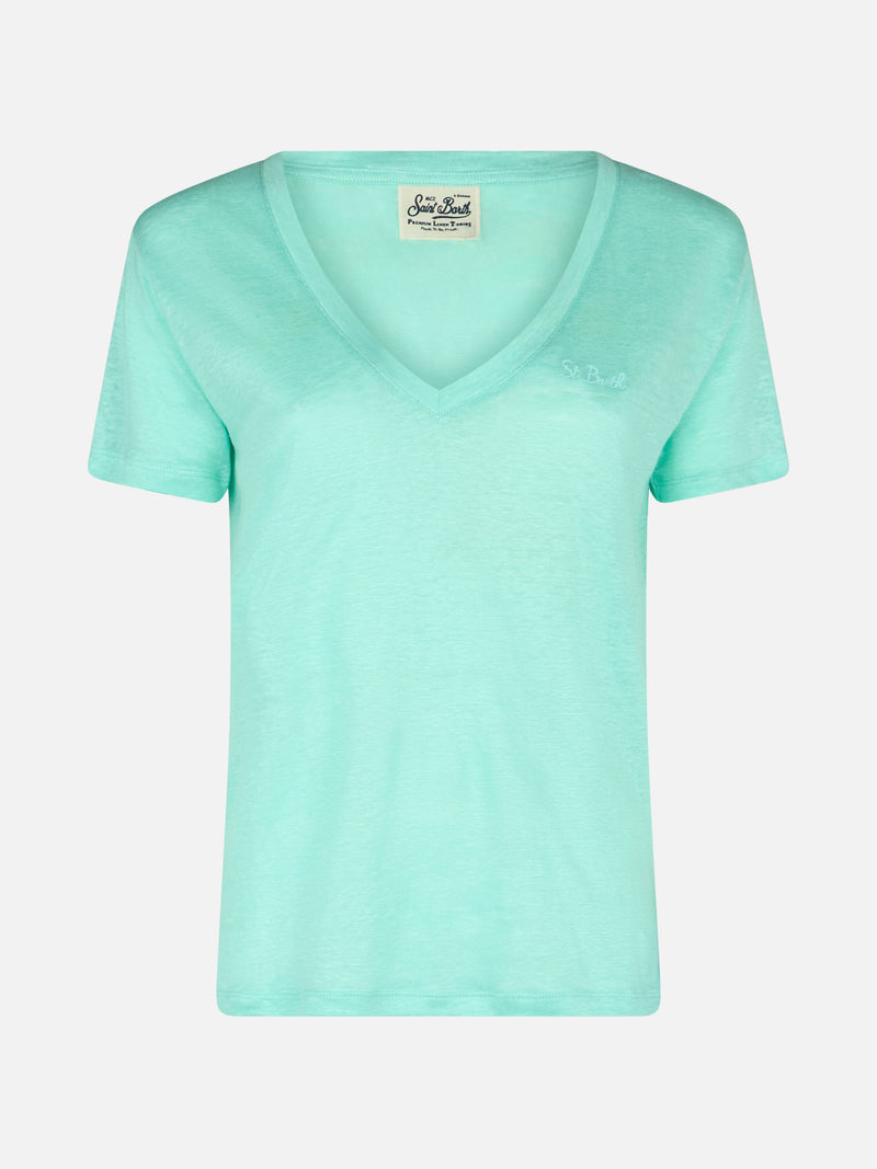 T-shirt scollo a V Eloise in jersey di lino verde salvia